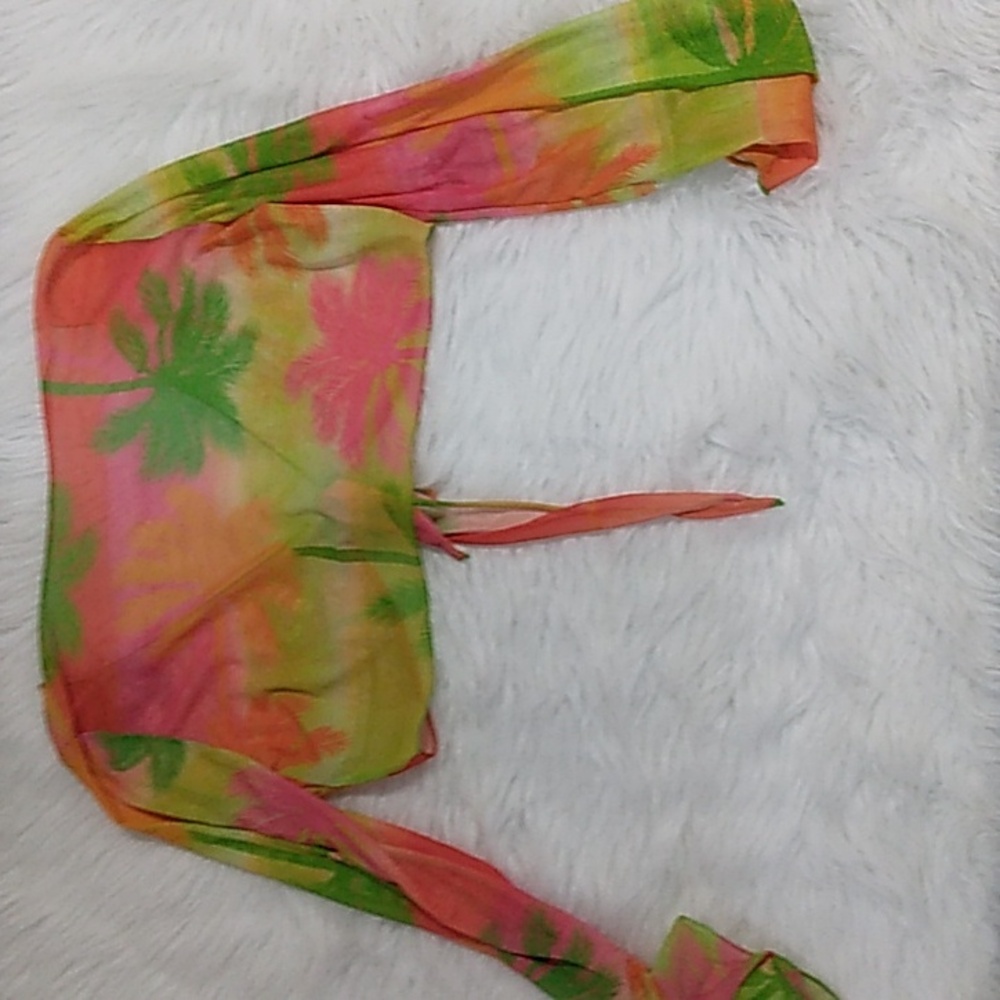 Neon Tropical Print Mesh Sheer Wide Sleeve‎ Tie Front Cropped Cardigan Size Lrg - Picture 4 of 6